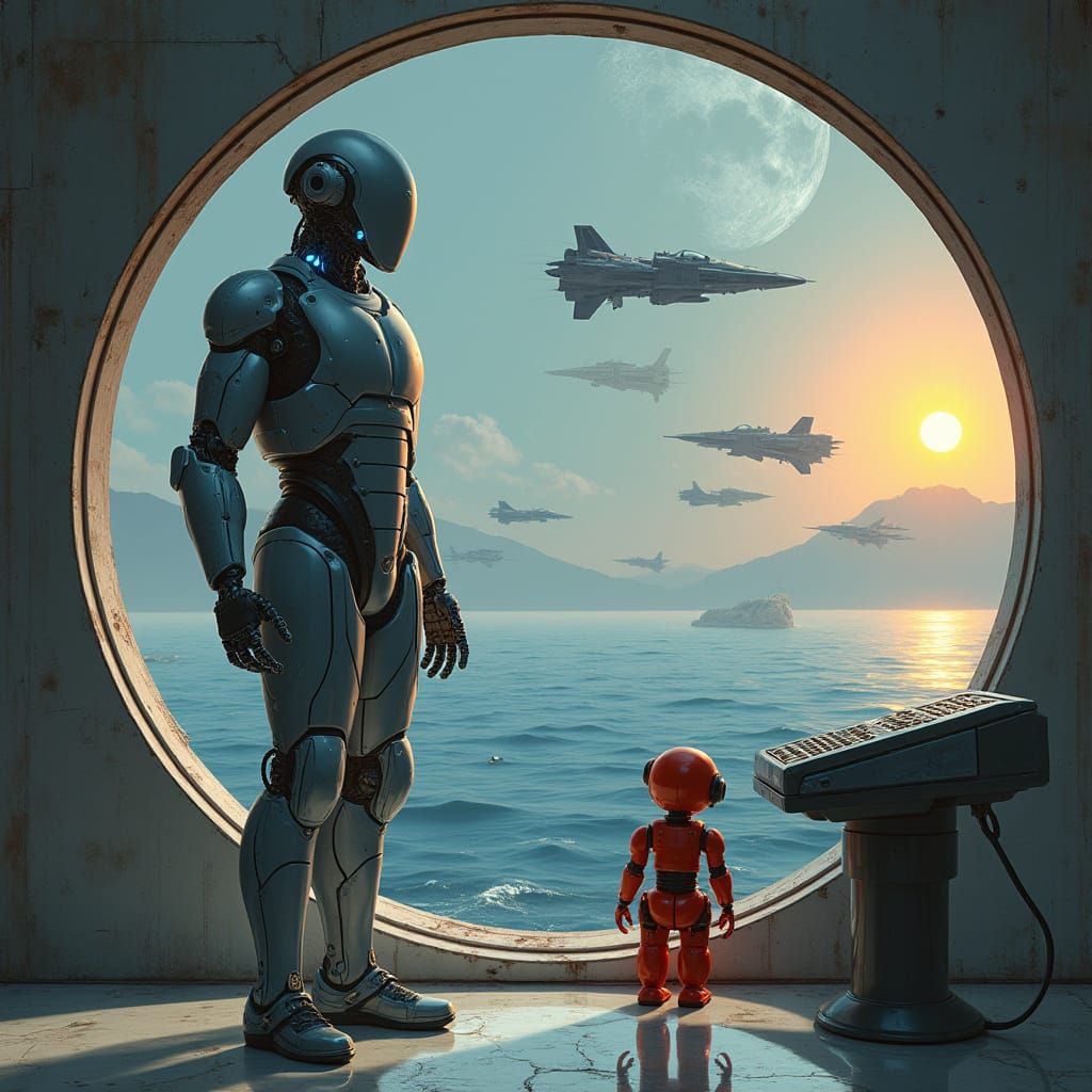 Robots Witness Space Battle in Futuristic Chamber