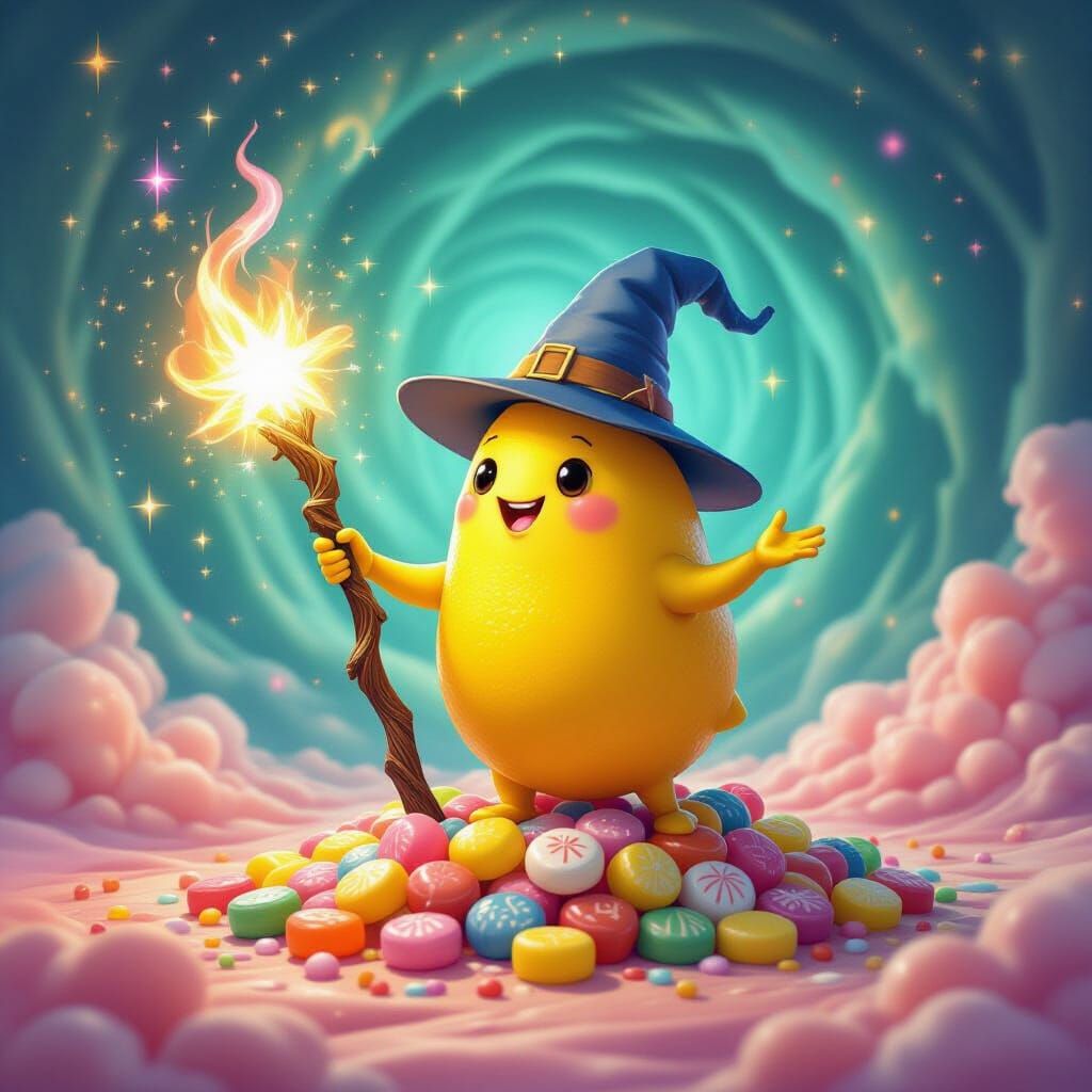 Anthropomorphic Lemon Wizard Conjures Gumdrop Magic