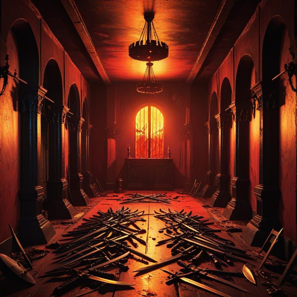 Ominous Armory Scene in Lurid Light