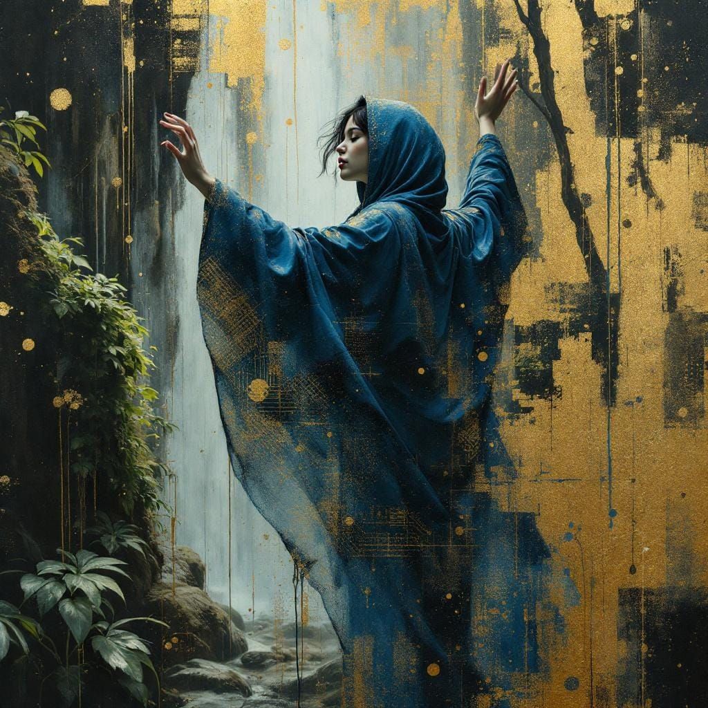 Woman Dancing in Forest Waterfall with Abstract Expressionis...