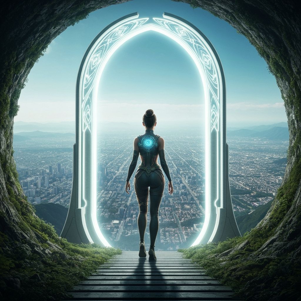 Woman Exiting Glitching Portal into Cyberpunk Cityscape
