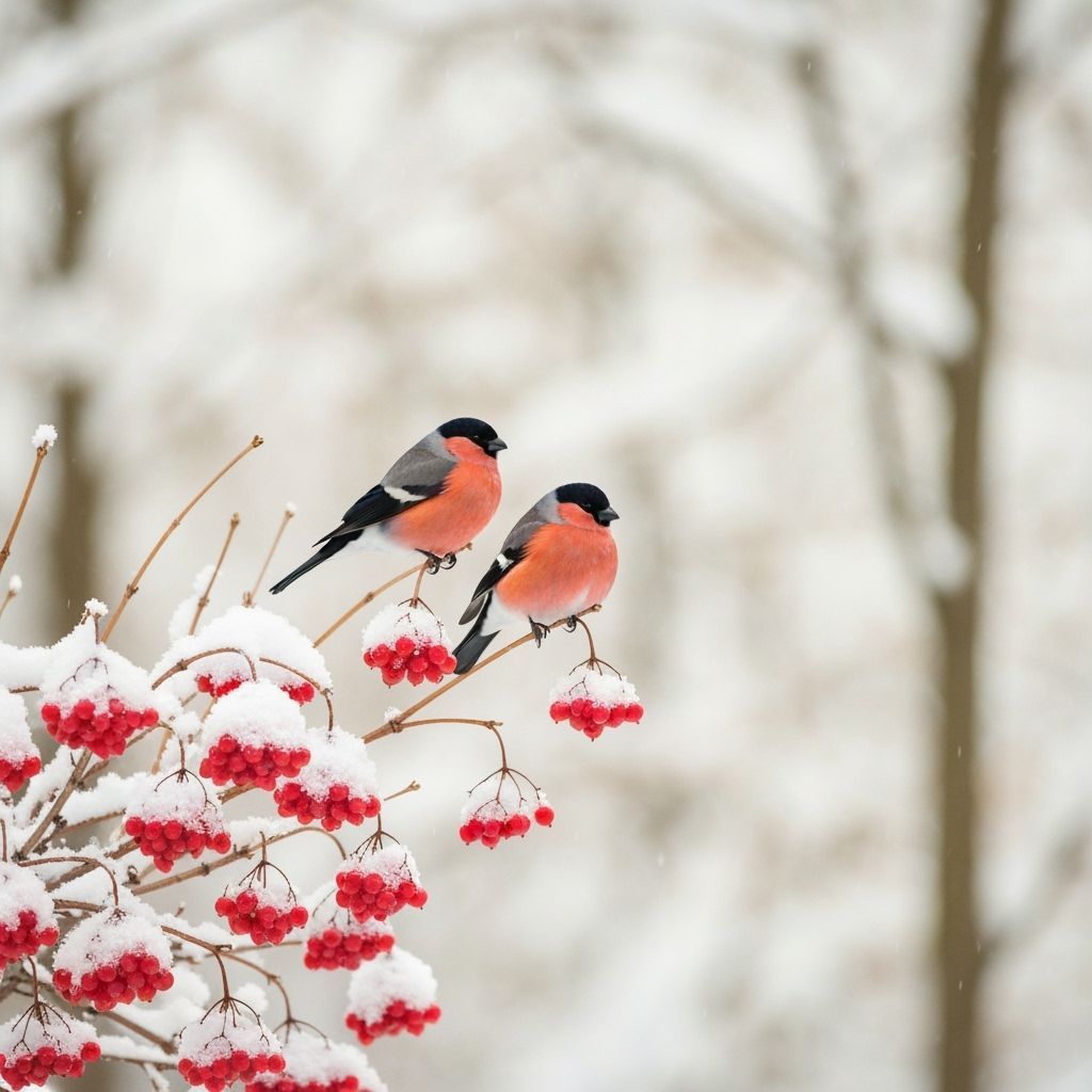 Two Bullfinches on Snow-Dusted Viburnum Branches