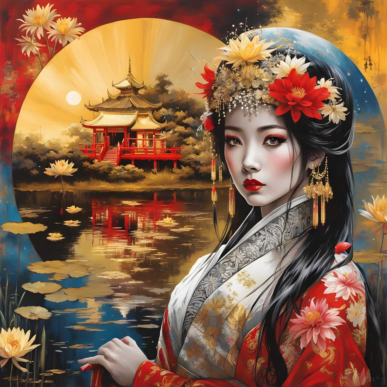 Geisha Touching Reflection in Golden Outer Space Pond