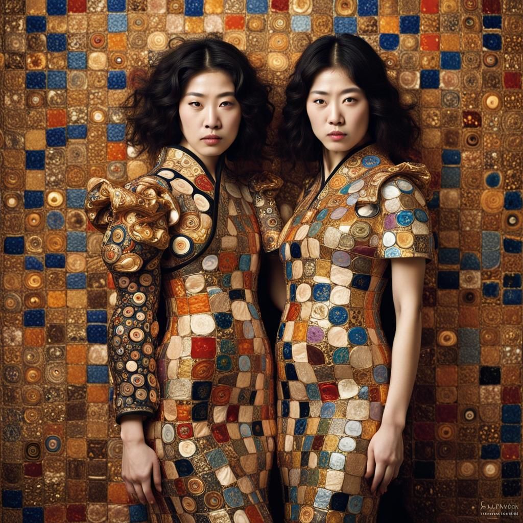 Sisters in Klimt-Inspired Dresses: Professional Portrait