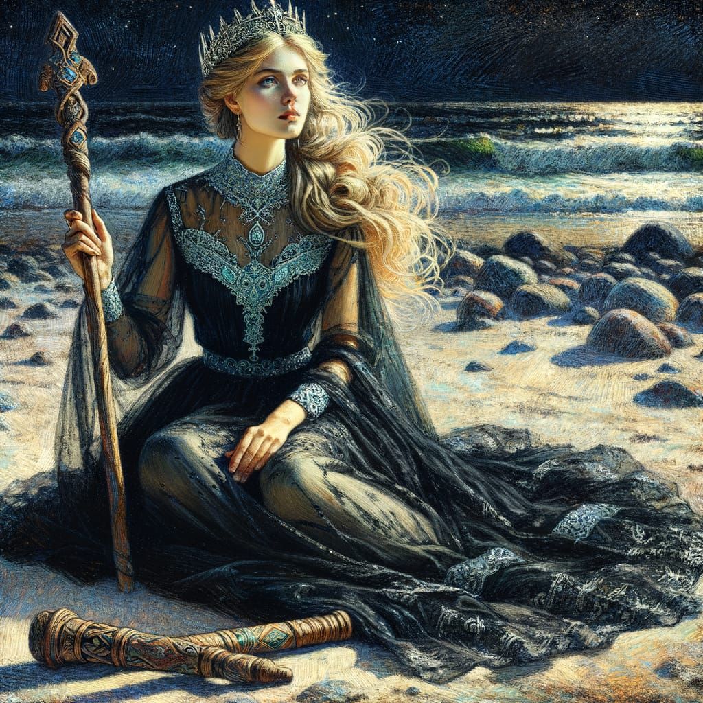 Norse Goddess Under Starry Night, in Impressionist Style