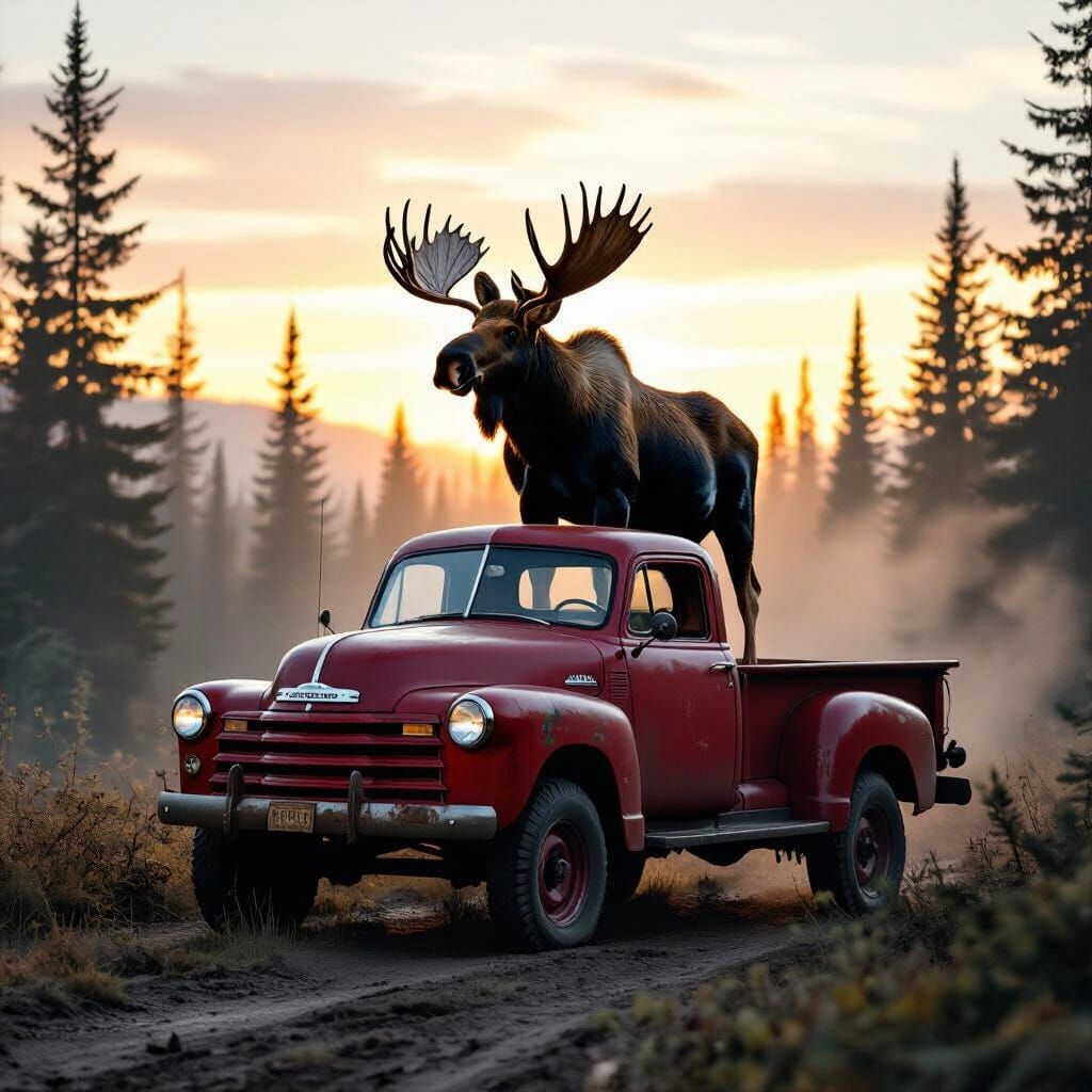 Majestic Moose on Vintage Truck in Maine Forest