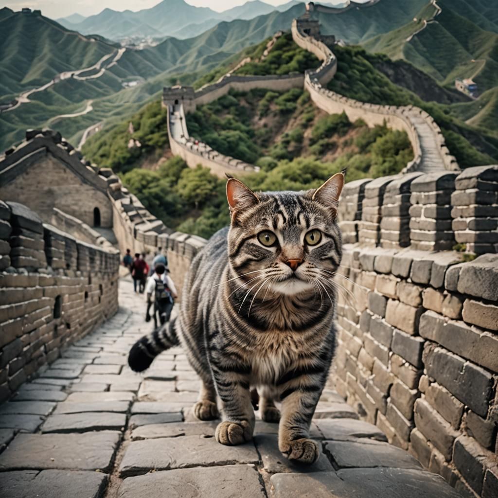 Tabby Cat Conquers Great Wall: Cinematic Adventure