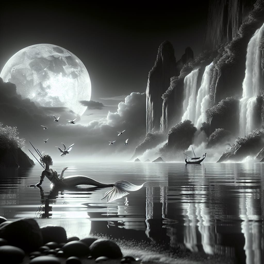 Hyperrealistic Mermaid in Moonlit Ocean Scene