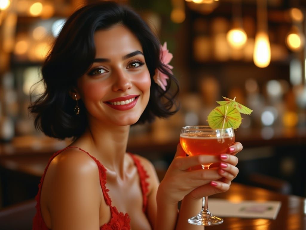 Elegant Woman in Red Evening Dress at Nightspot