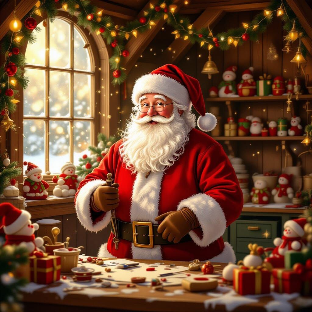 Jolly Santa Claus in North Pole Workshop
