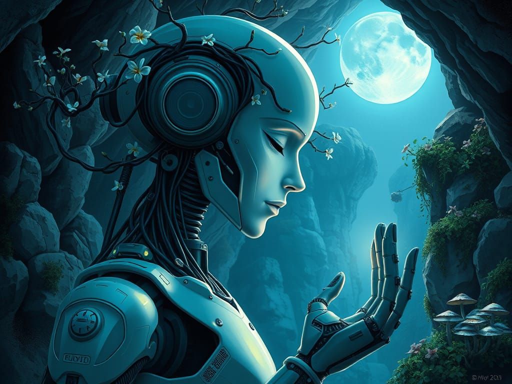 Cybernetic Robot in Moody, Bioluminescent Cave