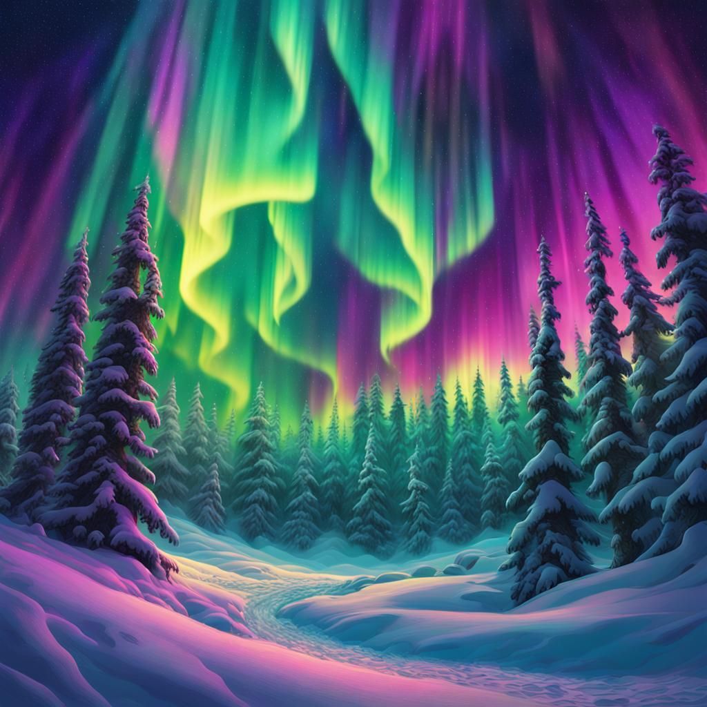 Cyberpunk Fantasy Aurora Borealis Scene