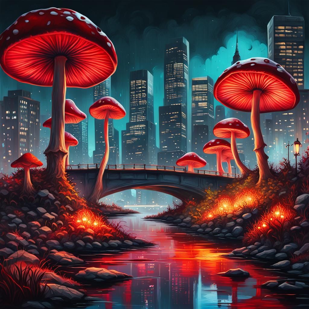 Night Cityscape with Giant Mushrooms in Graffiti Art Style