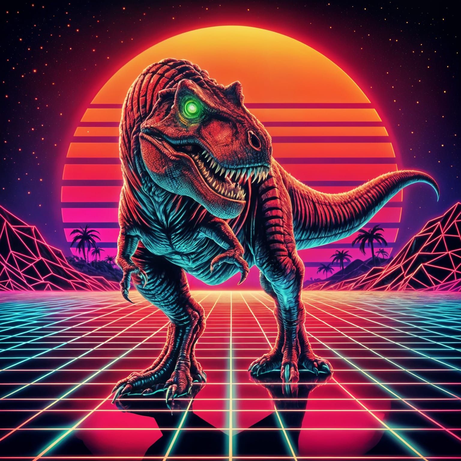 Hyperrealistic Synthwave Tyrannosaurus Rex in Neon Landscape