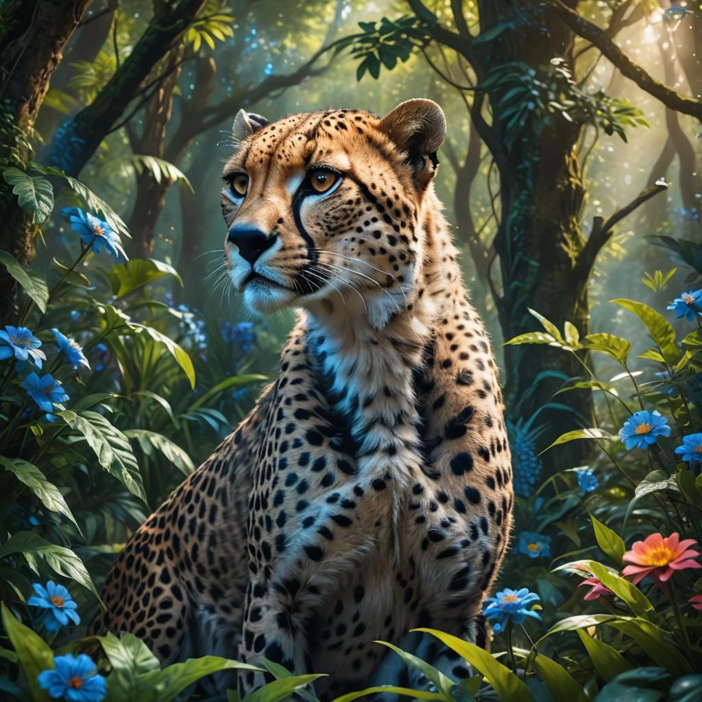 Glowing Cheetah in Mystical Forest: Digital Painting