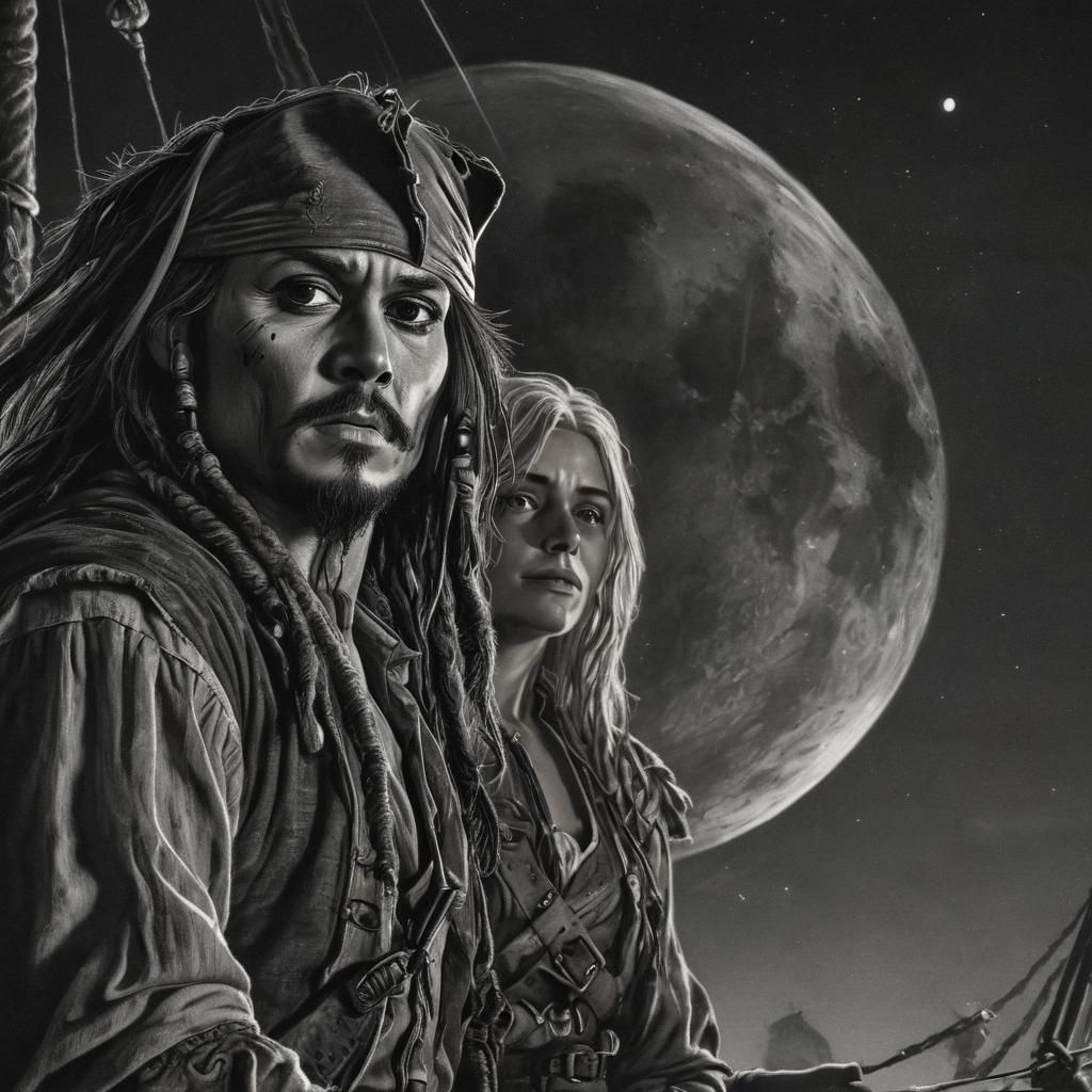 Dramatic Moonlit Duo: Jack Sparrow and Geralt Steer Their Ve...