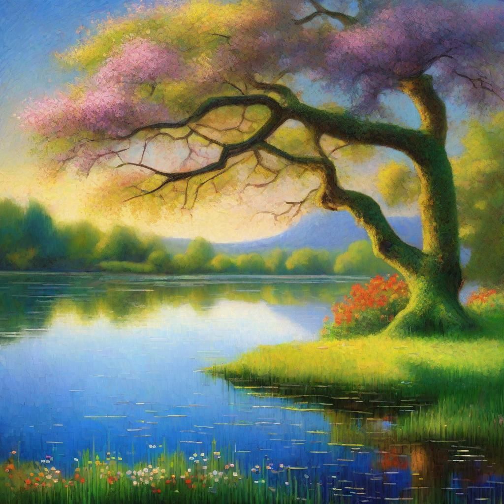 Neo-Impressionist Meadow with Mossy Tree and Lake