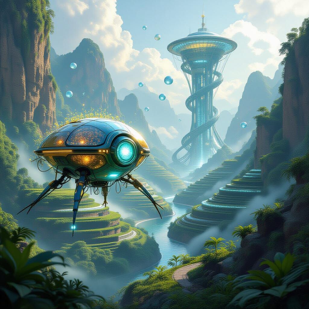 Concept Art of Luminous Harvest Drone in Valley