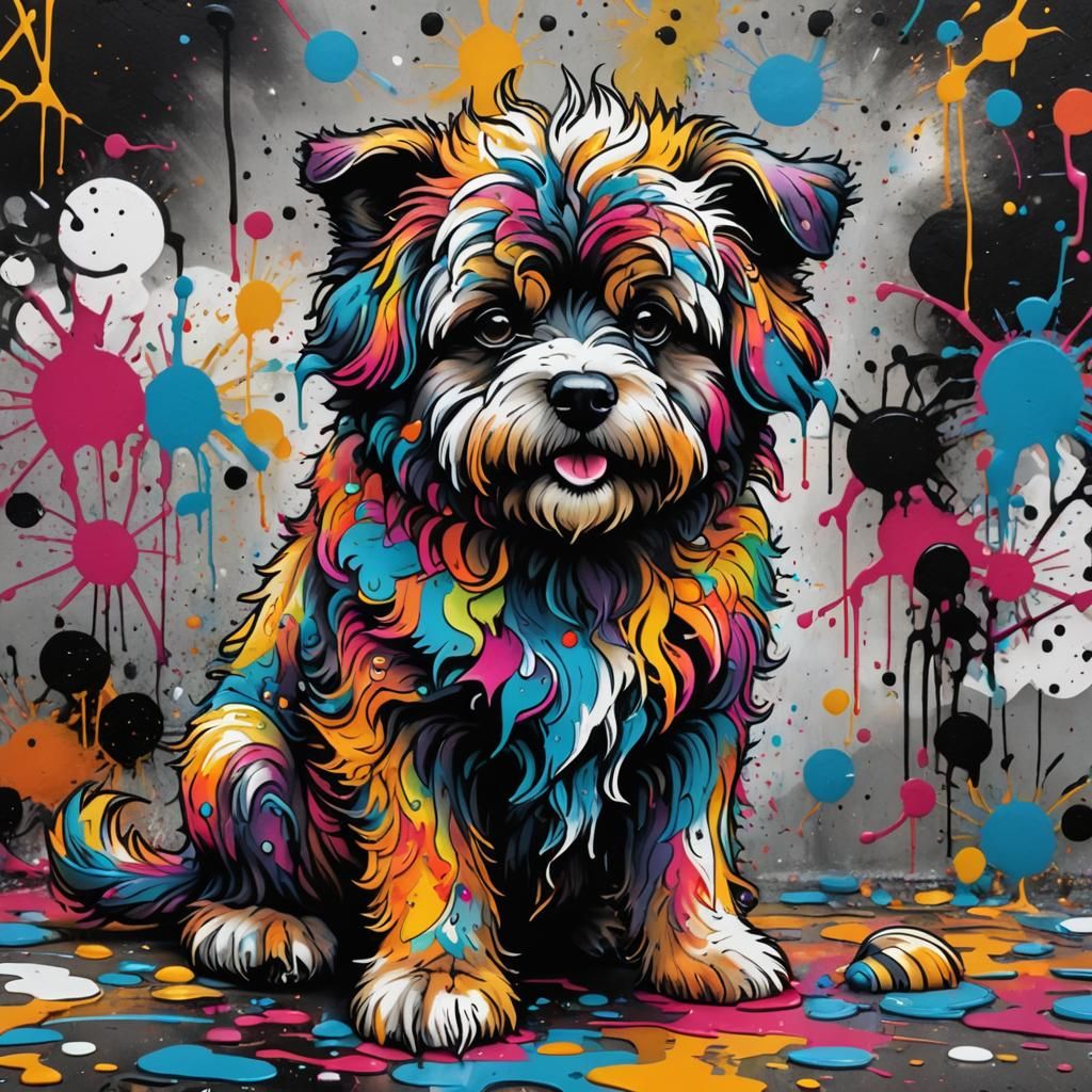 Colorful Graffiti Art of a Fluffy Doodle Dog