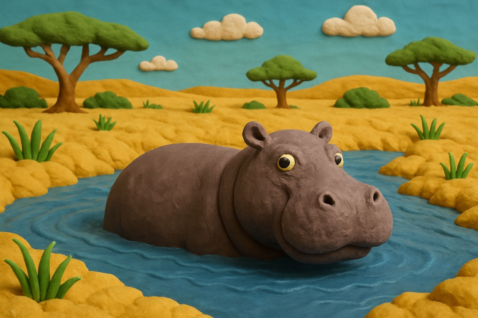 Surreal Claymation Hippopotamus in a River Landscape