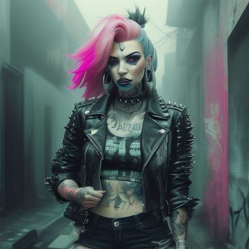 Punk Rock Woman in Graffiti Alleyway