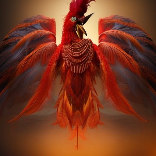 Red and Gold Feathered Bird Humanoid: Digital Matte Painting