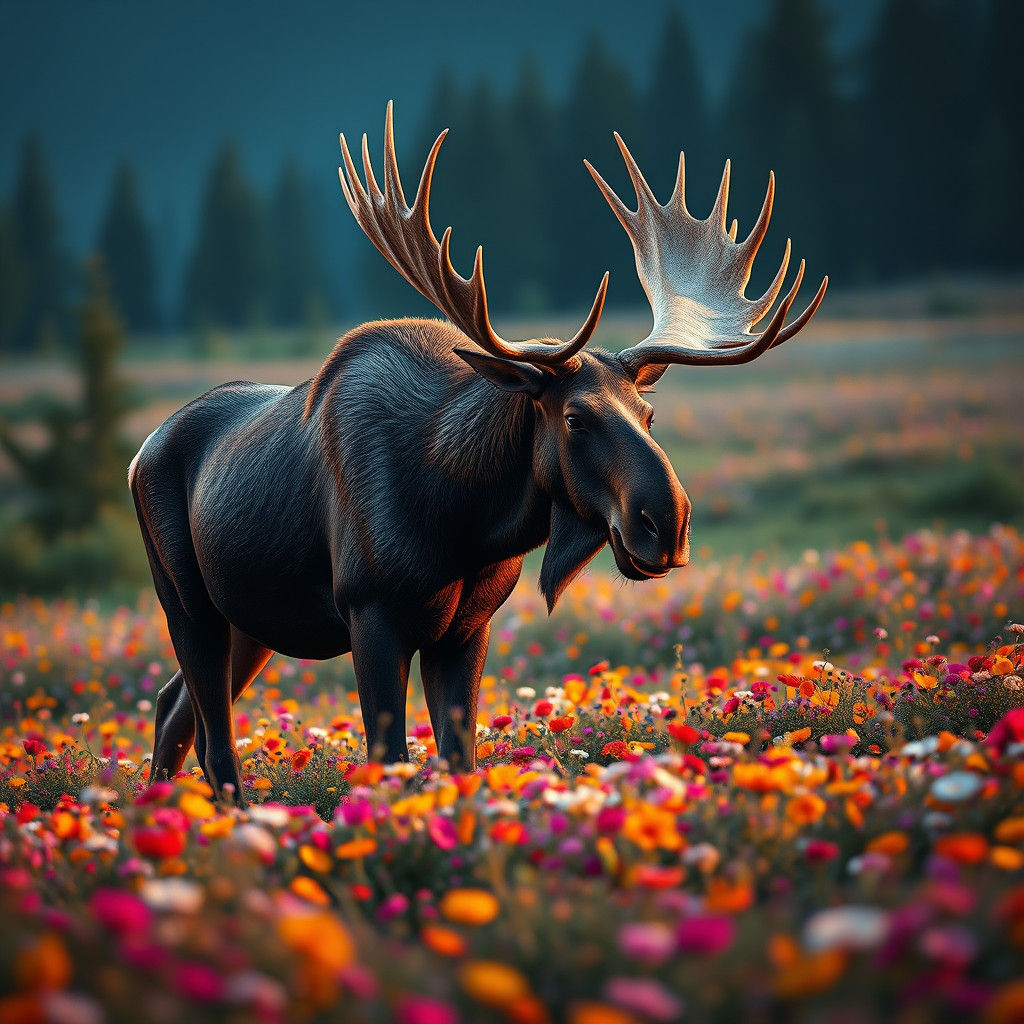 Moose in Flower Field: Detailed Matte Painting