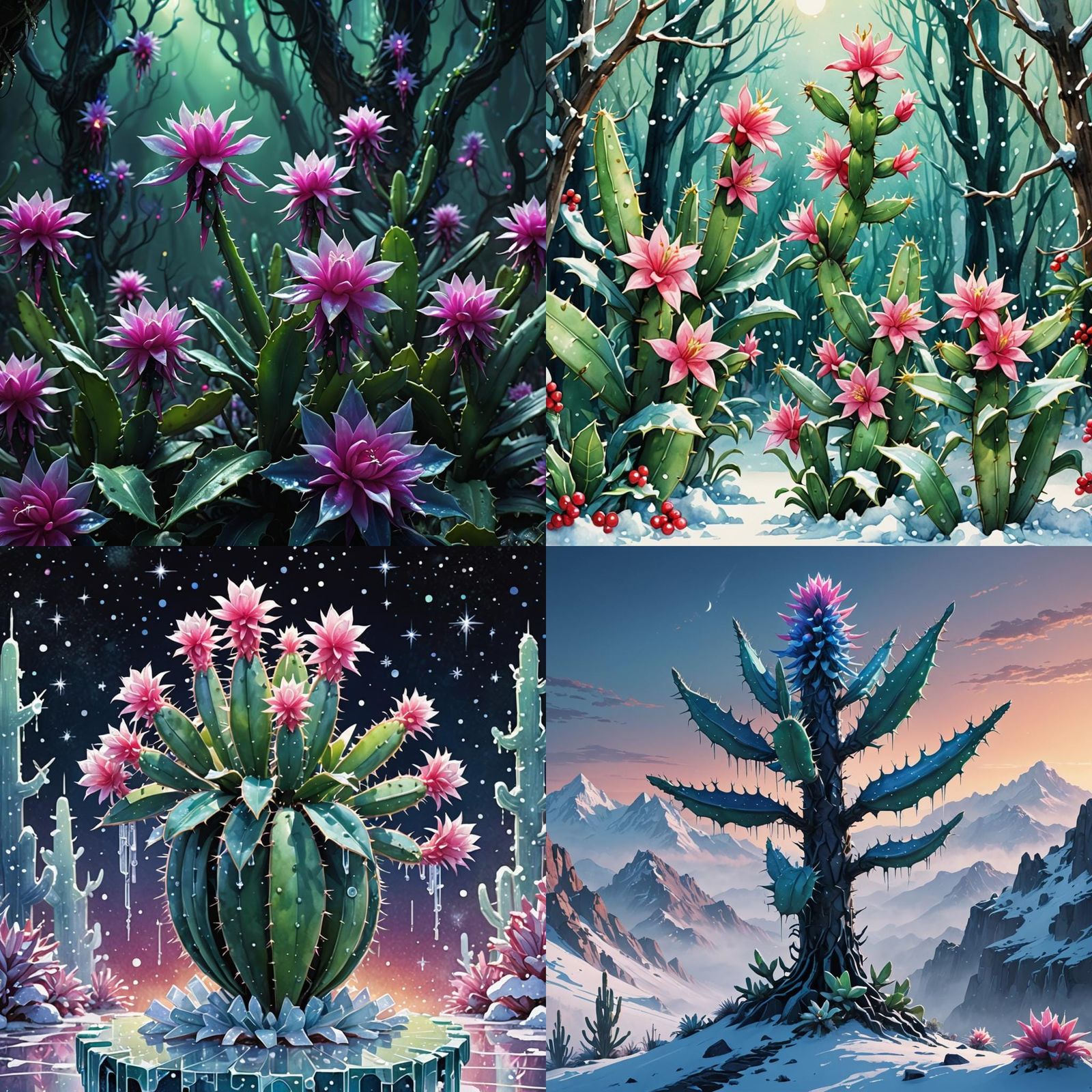 Detailed Christmas Cactus Matte Painting in Deep Color