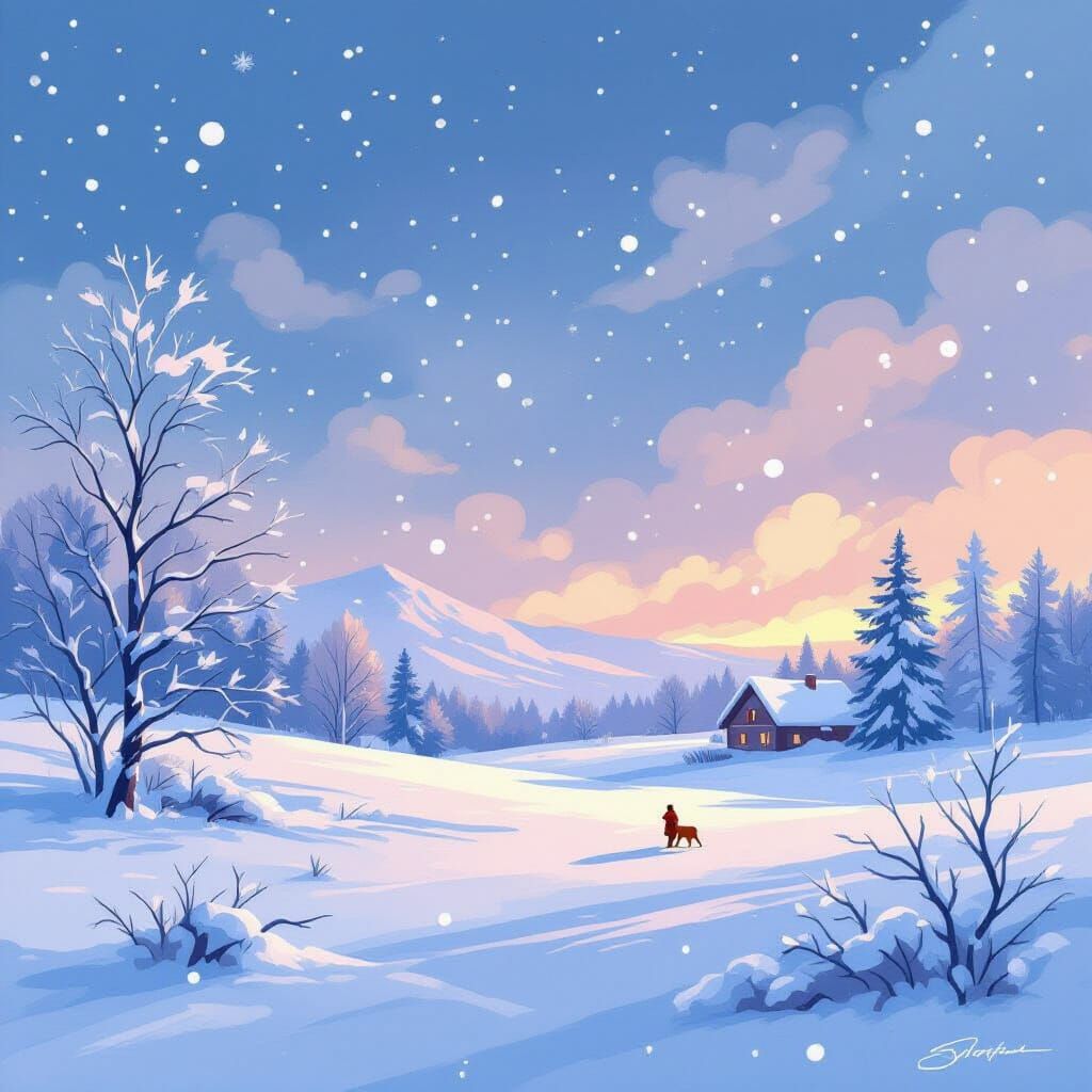 Ethereal Snowflakes Falling on Winter Landscape