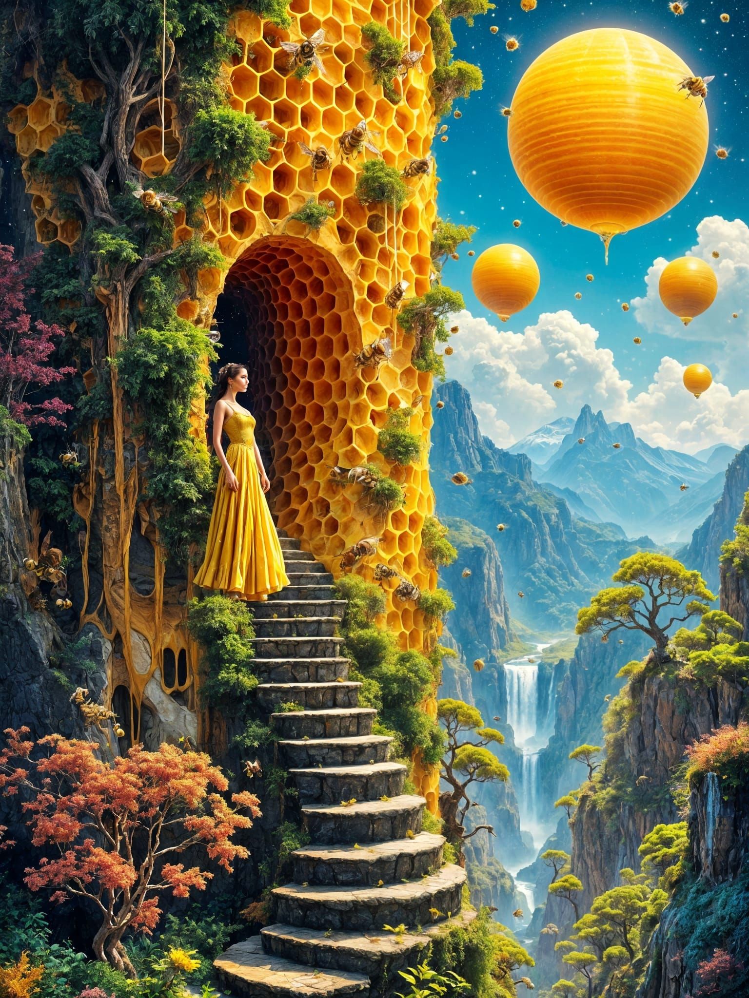 Surreal Dreamscape with Vibrant Bees and Celestial Beeswax H...