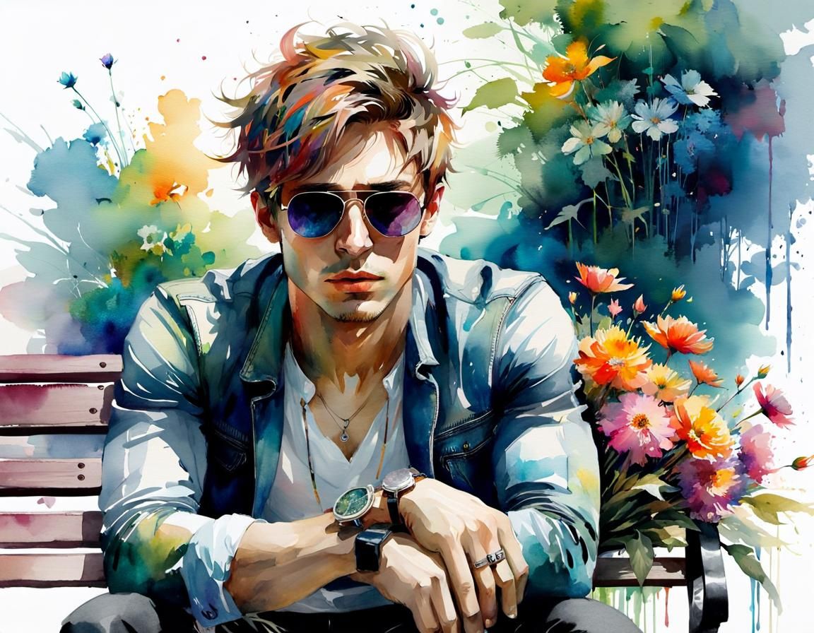 Watercolor Wallpaper: Boy Waiting in Park