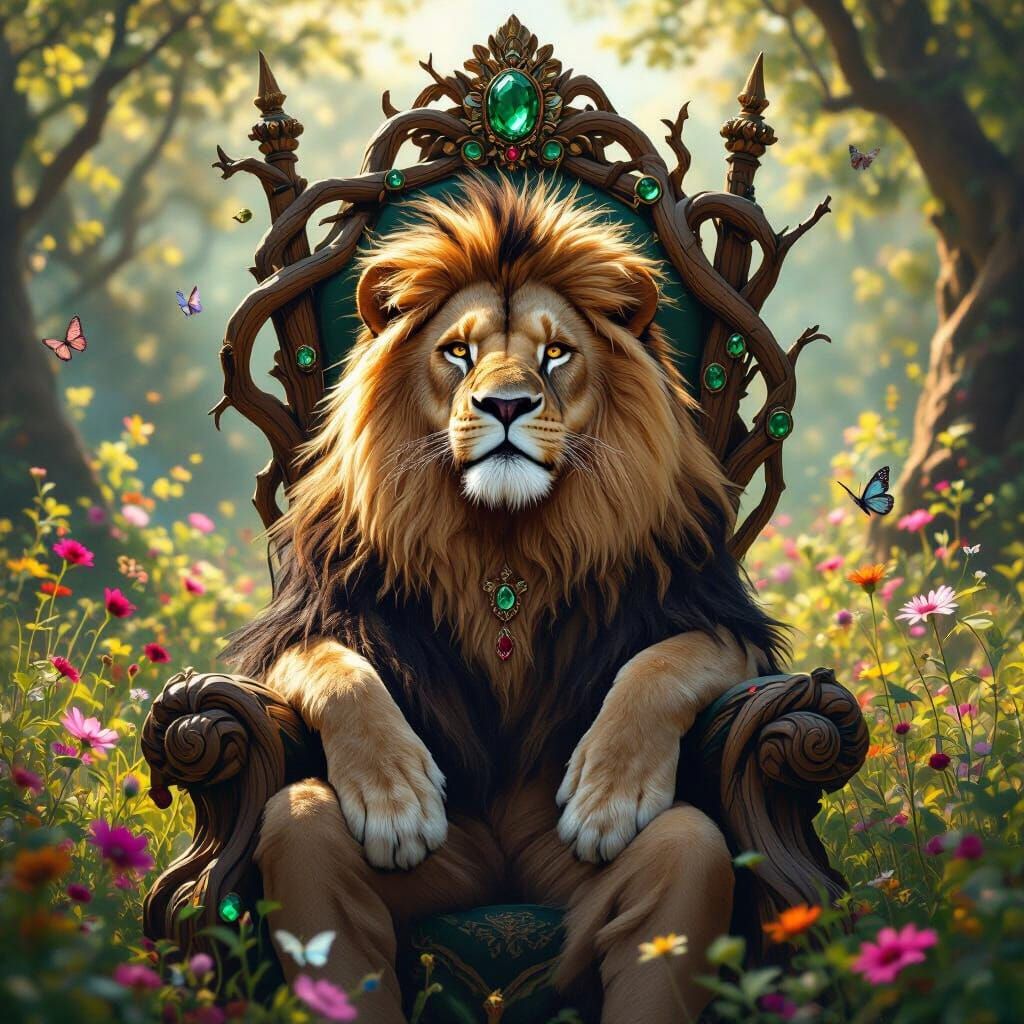 Hyperrealistic Lion King on Emerald Throne