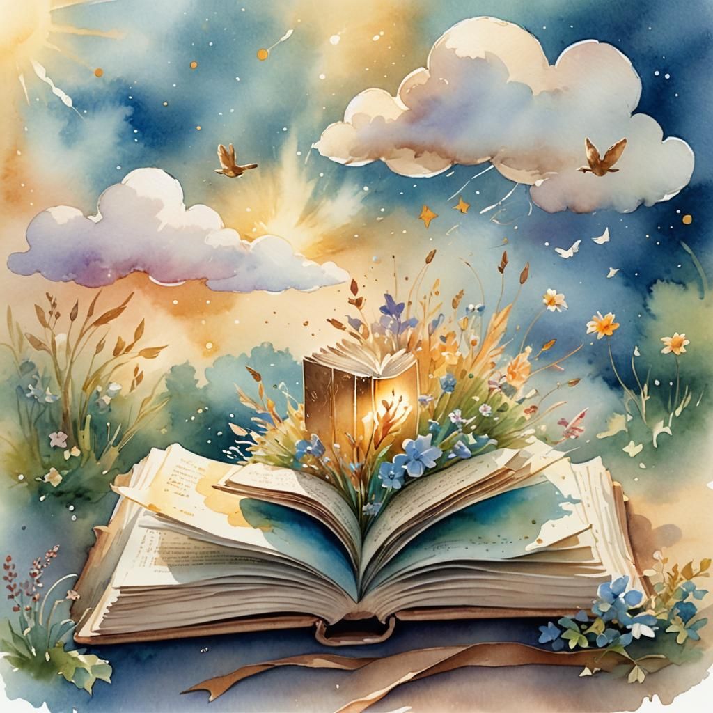 Magical Book Floats in Dreamy Watercolor Illustration