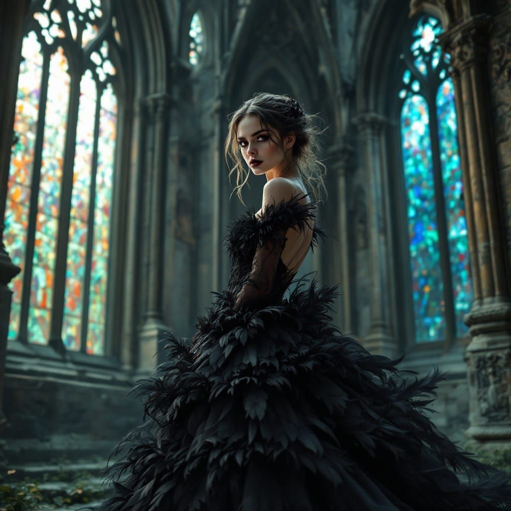 Gothic Victorian Vixen Transforms into Dark Feathers