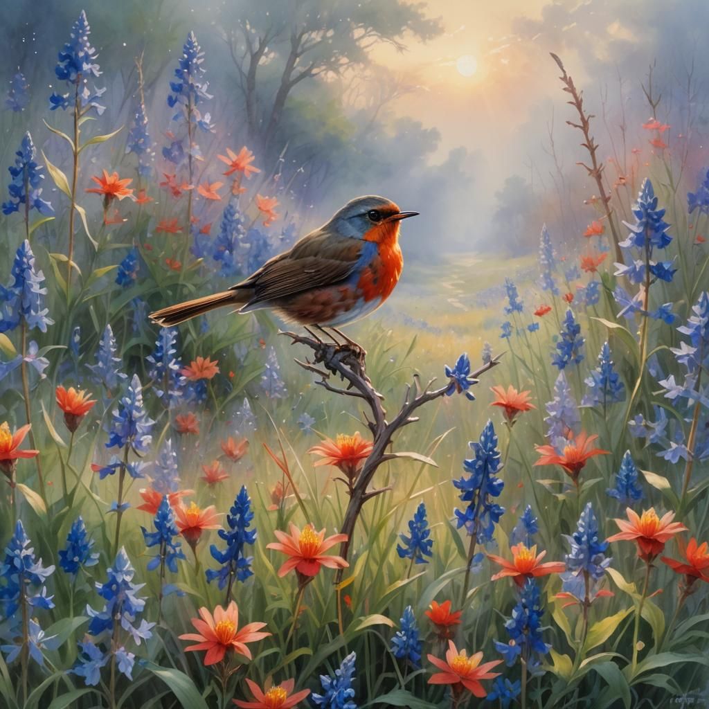 Red Robin in Bluebonnet Field: Watercolor Masterpiece