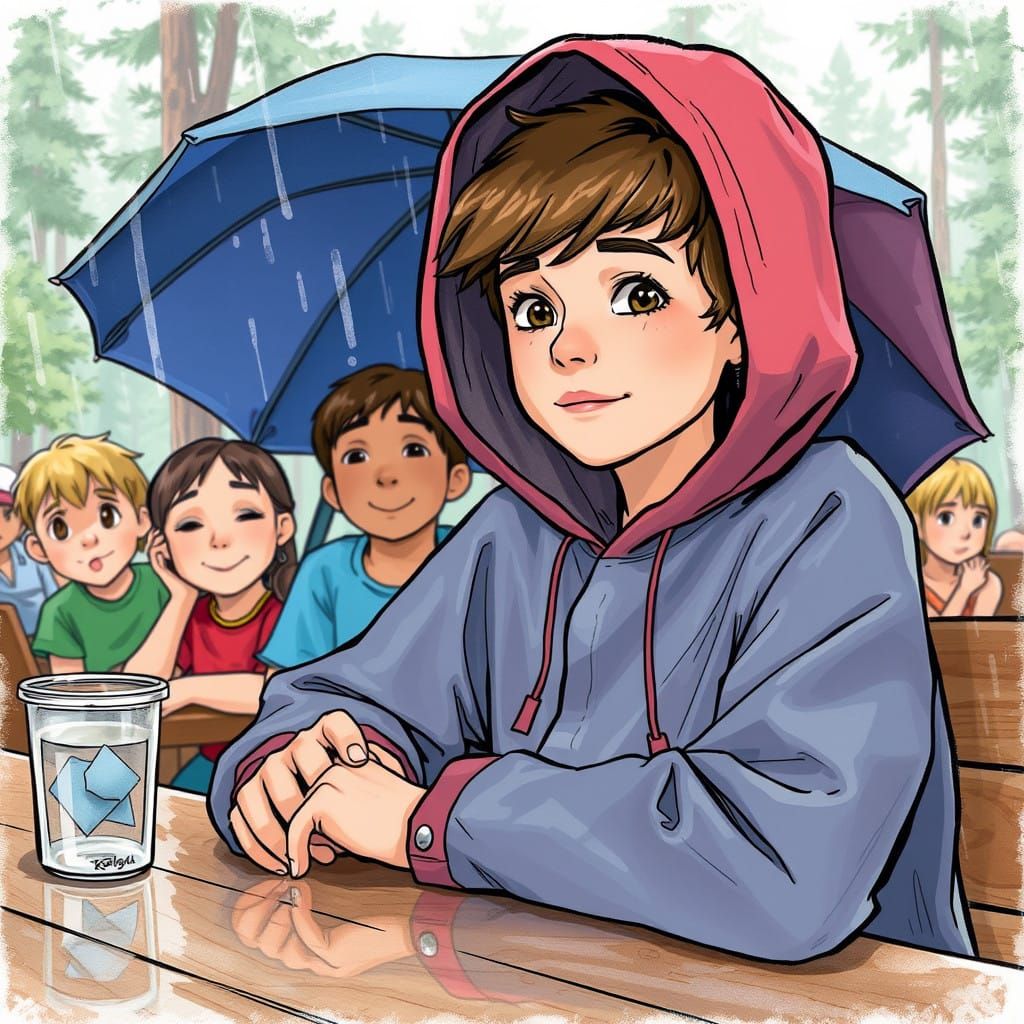 Teenager in Rain Poncho, Summer Camp Scene in Watercolor-Ins...