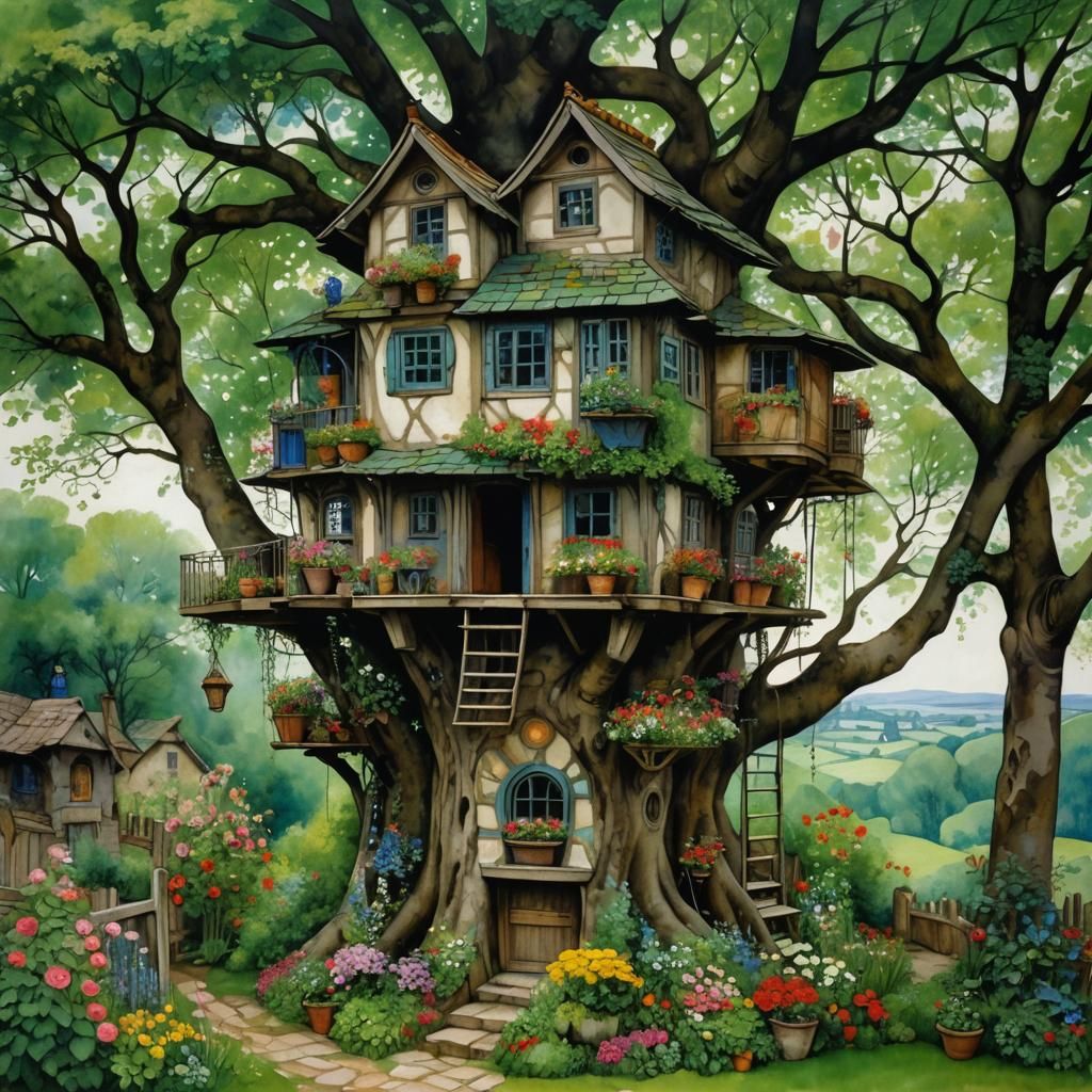 Rustic Treehouse with Flowers, Decorative Style
