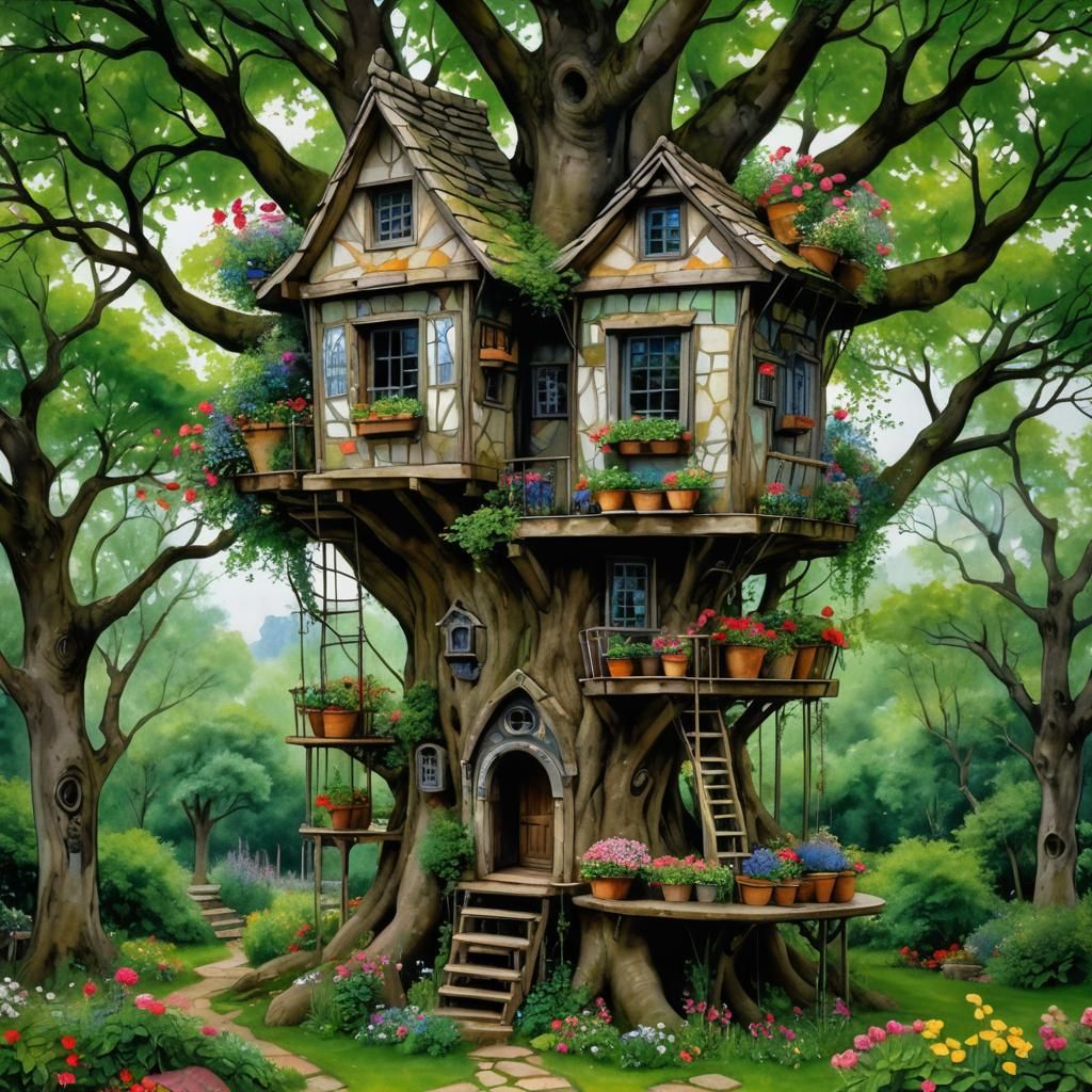Rustic Flower-Filled Treehouse in Decorative Style