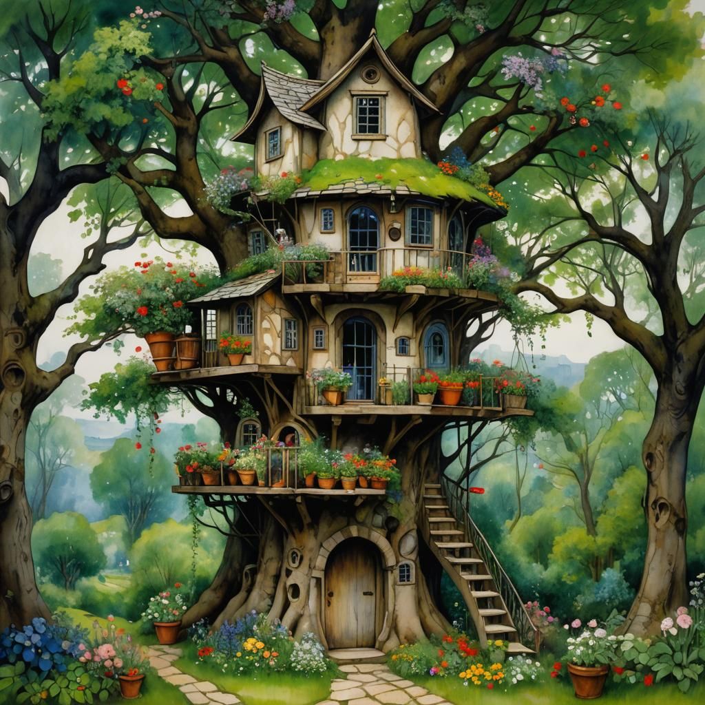 Rustic Tree House in Whimsical Floral Style