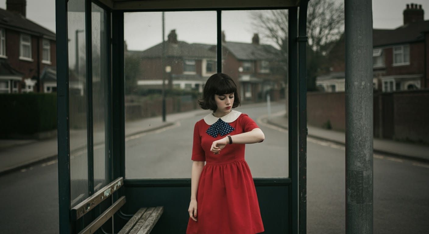Young Woman at a 1960s British Bus Stop in a Vibrant Red Dre...