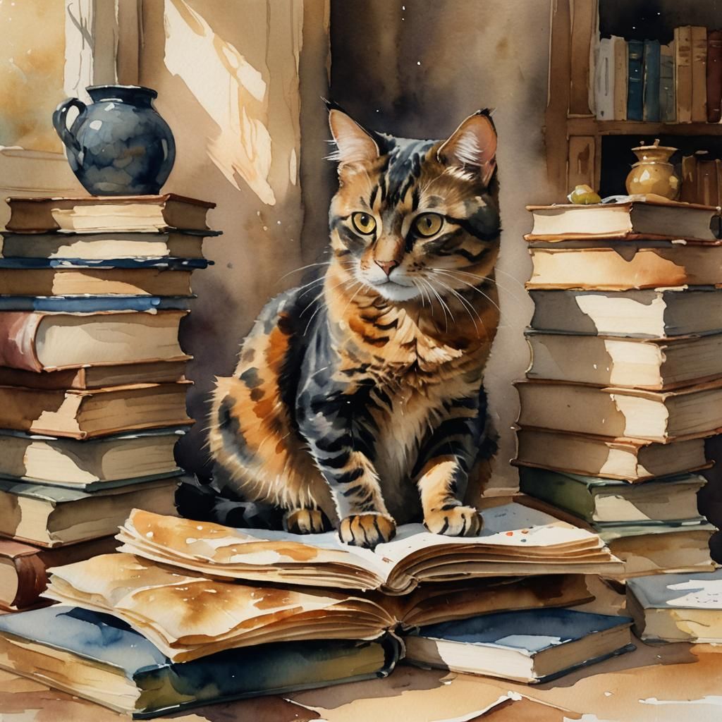 Tortoiseshell Cat Enjoys Crepes: Watercolor Painting