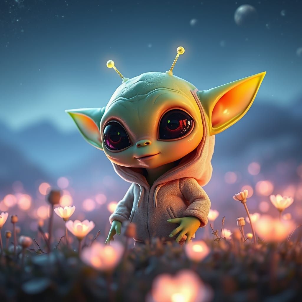 Cute Alien in Glowing Meadow, Mystical Landscape