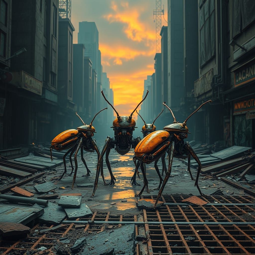 Cybernetic Insects in a Dystopian Metropolis