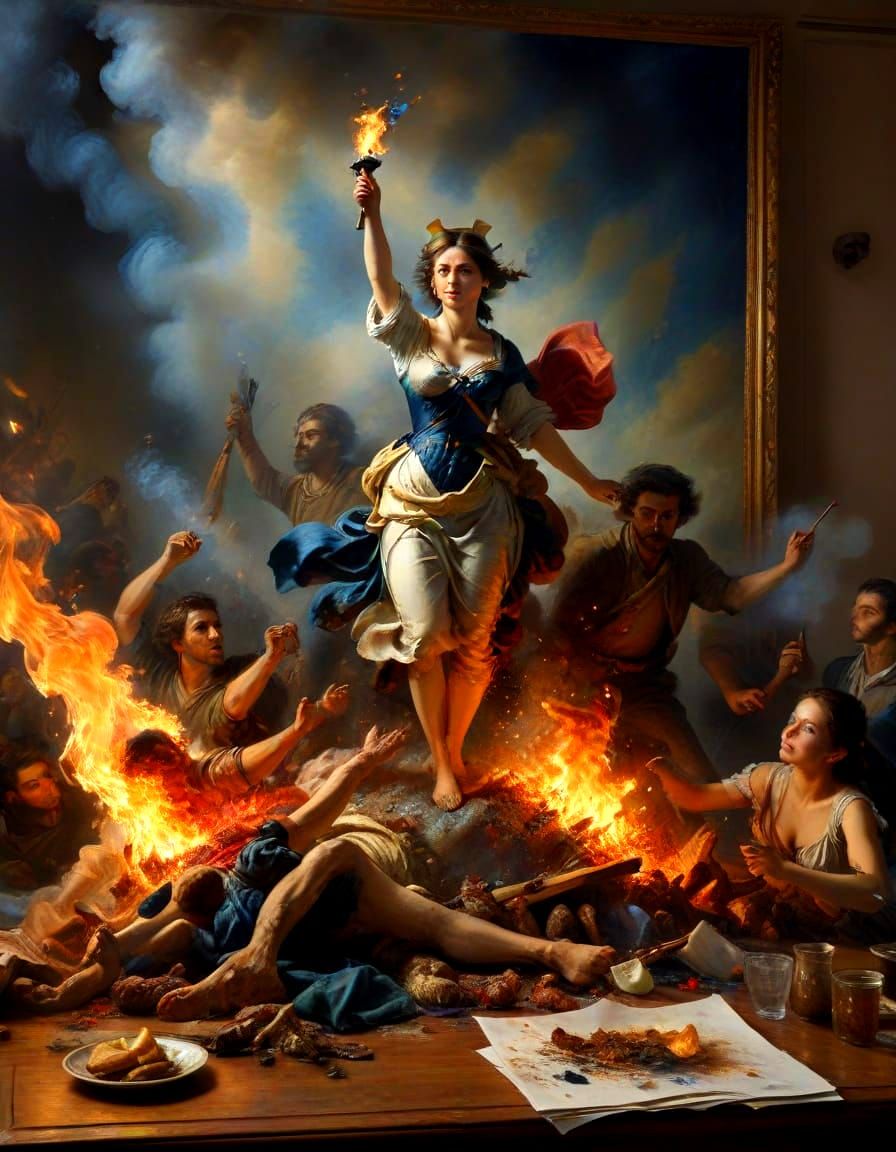 Romantic Figures Rise from a Burning Painting in a Hyperreal...