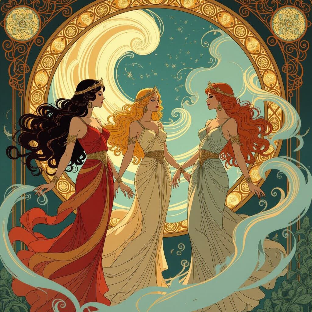 Anunnaki Gods in Art Nouveau Style with Golden Hair