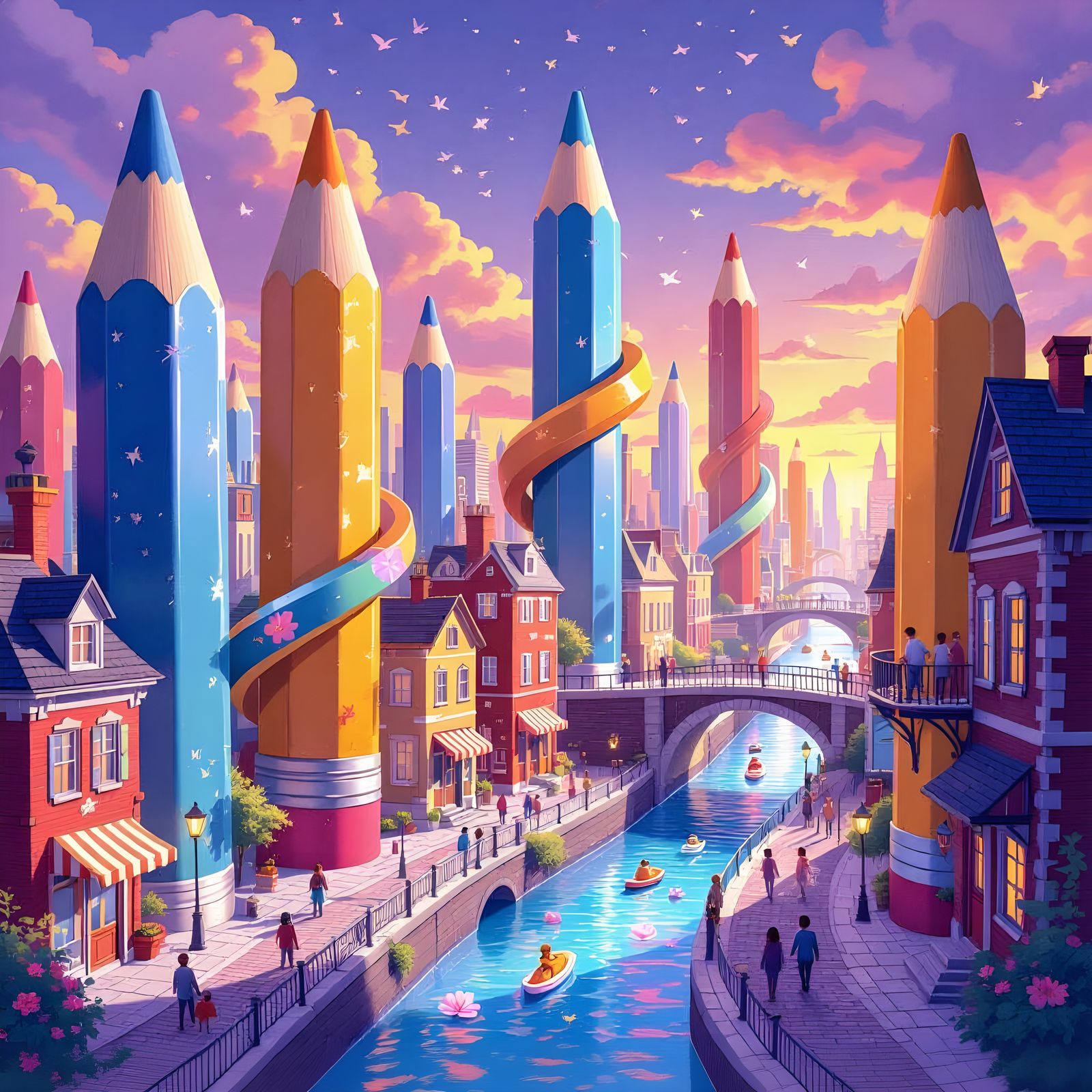 Whimsical Pencil Cityscape with Watercolor Details