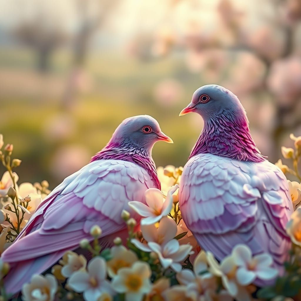 Gentle Pigeon Couple in Lush Floral Arrangement