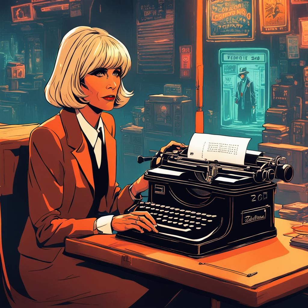 Cyberpunk Detective: Old Woman Typing in Neon Noir