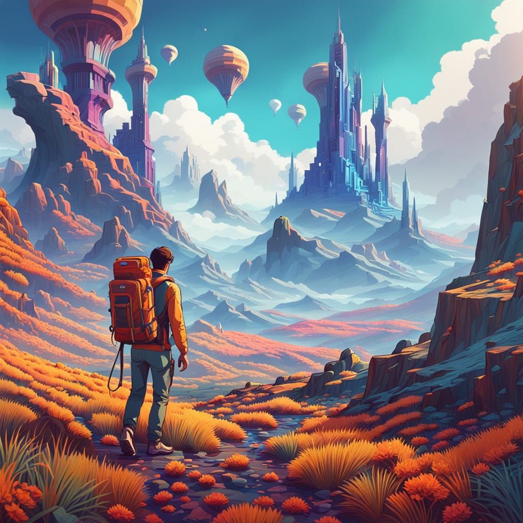 Surreal Hiker Embarks on a Vibrant, Dreamlike Journey