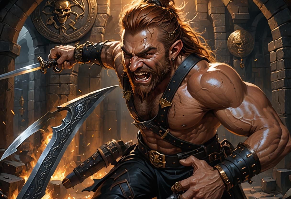 Muscular Dwarf Warrior in Stone Room, Fantasy Art